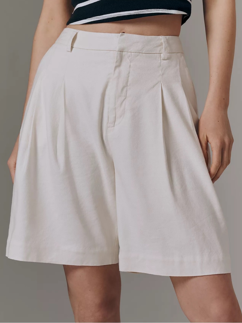 Maeve Avery European Linen Stretch Pleated  Cream/White Bermuda Shorts